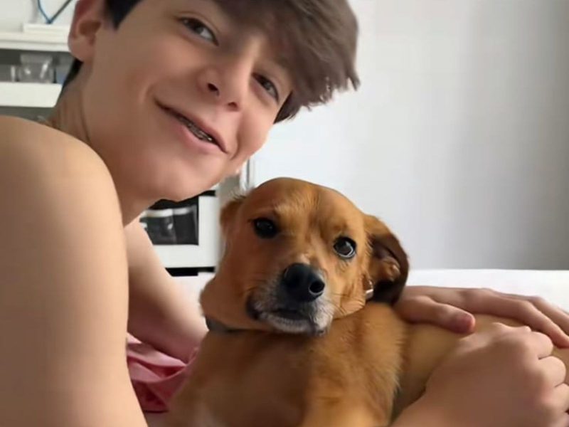 A imagem mostra um menino e um cachorro caramelo abraçados.