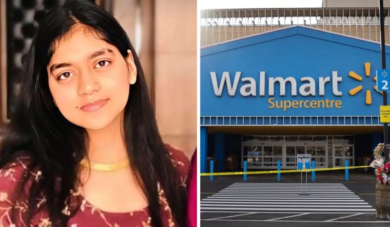 Fotomontagem de Gursimran Kaur ao lado de sede do Walmart. Funcionária do Walmart morreu incinerada dentro de forno da padaria do estabelecimento