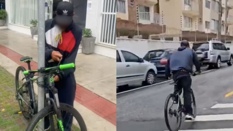 Frames do vídeo que ficou famoso na região, onde mostra homem furtando bicicleta 