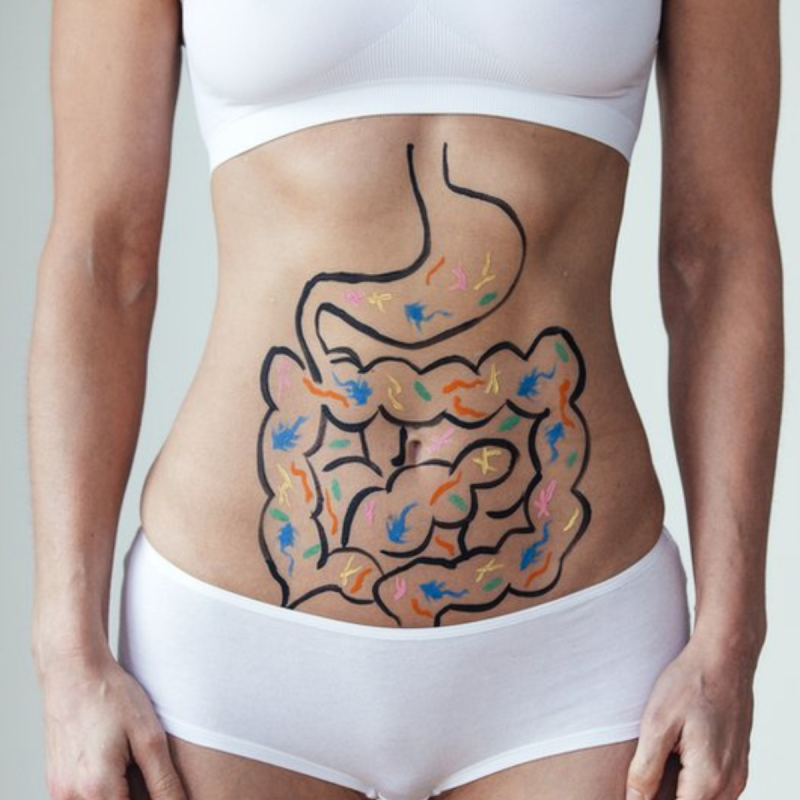 Barriga com o intestino pintado nela