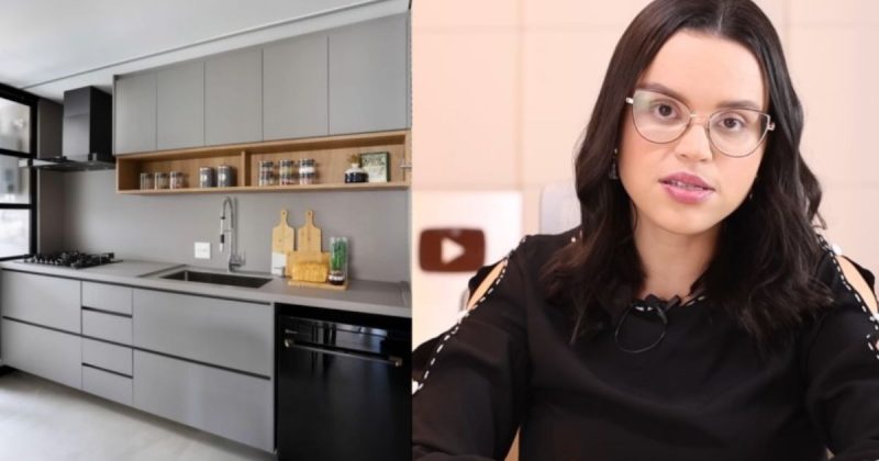 Imagem de uma cozinha "na moda" ao lado da arquiteta Mariana Cabral