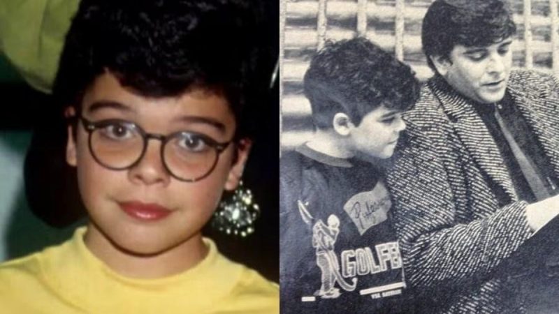 João Rebello era sobrinho de Jorge Fernando - fotomontagem mostra à esquerda criança branca, de cabelos curtos e escuros usando óculos de armação preta e camiseta amarelo. À direita, a mesma criança ao lado de um adulto que está lendo algo para ela, a imagem está com um filtro em preto e branco