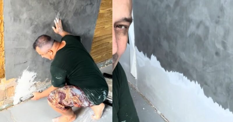 Pedreiro aplicando massa caseira para dar fim à umidade na parede