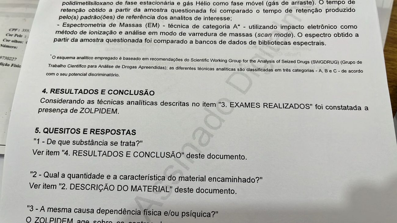 Laudo confirma presença de medicamento no sangue da vítima - PCRS/ Divulgação/ ND