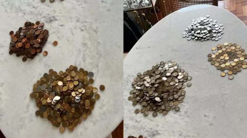 Moradora pagou taxa do condomínio com moedas. Na imagem, as moedas utilizadas no pagamento