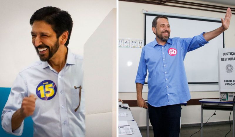 foto à esquerda mostra nunes sorrindo e foto à direita com boulos sorrindo e acenando com a urna ao fundo