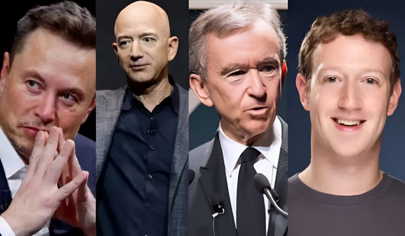 Elon Musk, Jeff Bezos, Bernard Arnault e Mark Zuckerberg - homens brancos, fazem expressões em fotos em que eles aparecem sozinhos. Ele são os mais ricos do mundo