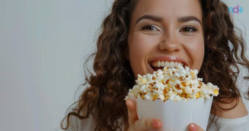 Imagem mostra mulher comendo pipoca; receita certa ajuda a emagrecer