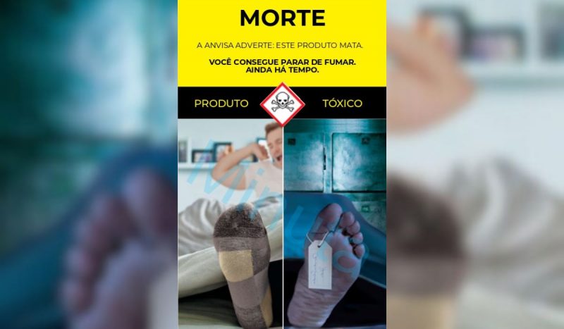 propostas de imagens de advertência no cigarro, foto mostra imagem advertindo para o risco de morte. Em um lado, um homem aparece acordando na cama, no outro, ele aparece na maca de um necrotério