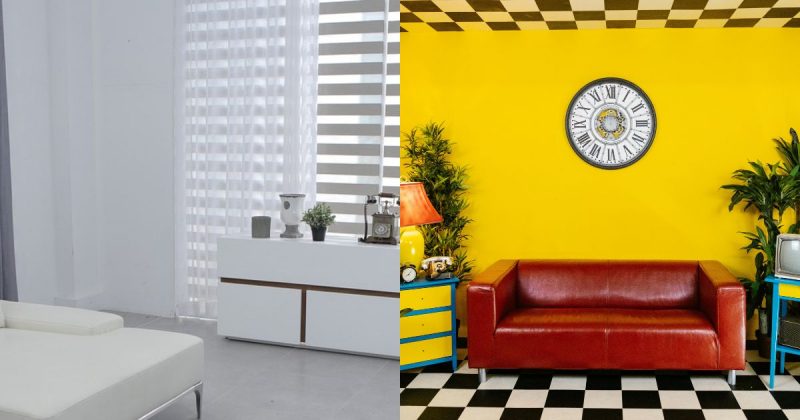 Duas imagens de sala de estar; uma com parede branca e, ao lado, com parede amarelo 