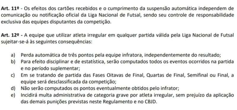 Trecho do regulamento da Liga Nacional de Futsal