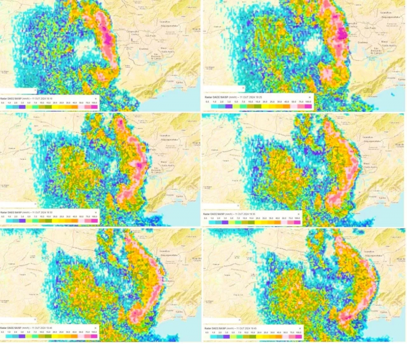 Imagens de radar mostram a linha de instabilidade com eco em arco indo do interior de São Paulo para a capital &#8211; Foto: MetSul/SAISP/Reprodução/ND