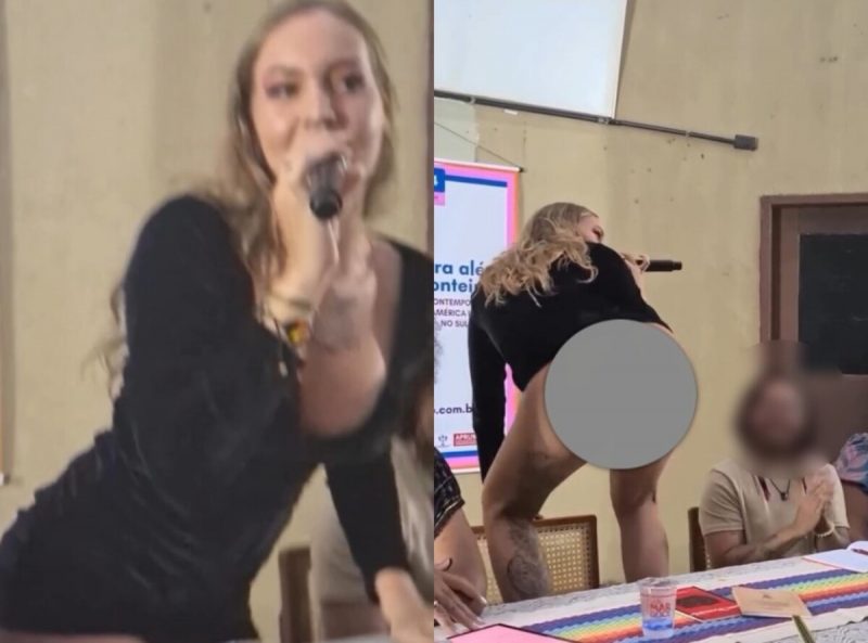 Cantora Tertuliana Lustosa rebolando durante mesa-redonda na UFMA