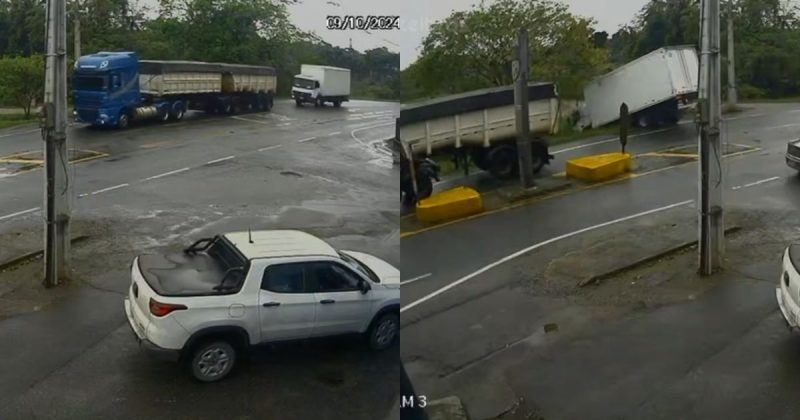 Motorista tenta evitar colisão mas caminhão sai da pista na Serra Dona Francisca