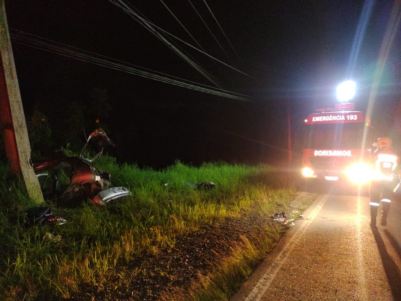 Carro ocupado por jovens caído em margem após bater em poste na SC-110