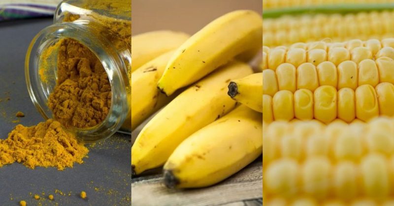 na foto aparecem três alimentos amarelos, a cúrcuma, o milho e a banana que ajudam a prevenir ataques cardíacos 