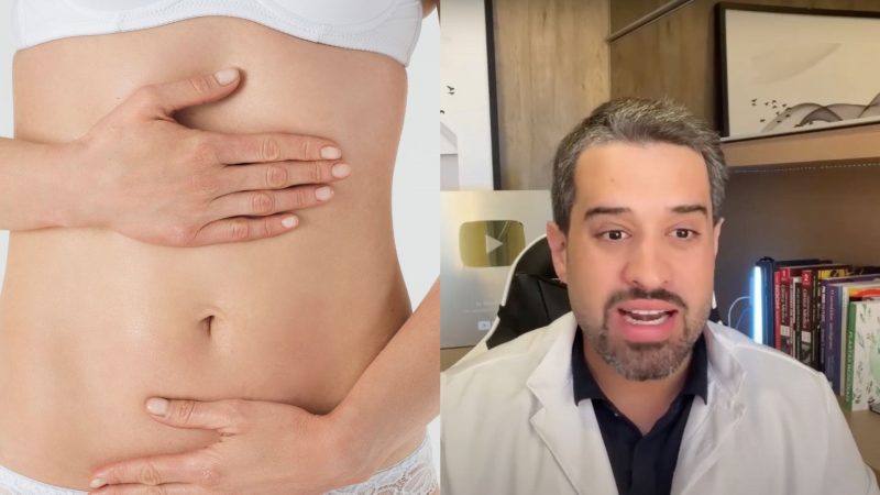 Imagem mostra mulher com as mãos sobre a barriga no lado esquerdo; e dr. Renato Silveira falando do lado direito