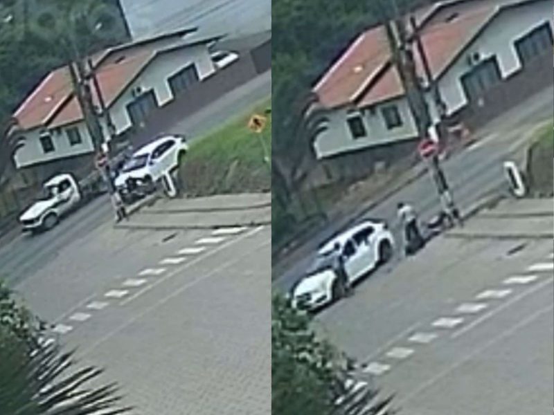 A montagem mostra um acidente que terminou com um motorista preso em SC