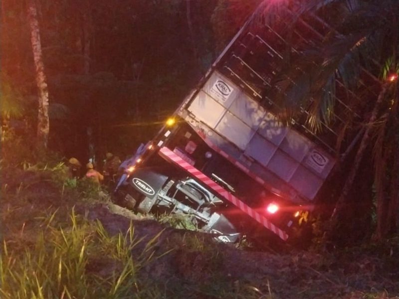 Na foto, caminhão cai em ribanceira em Água Mornas