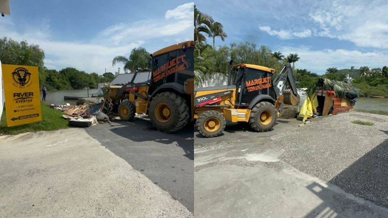 Imagens mostram escavadeira puxando 'casa' flutuante na beira do Rio Camboriú