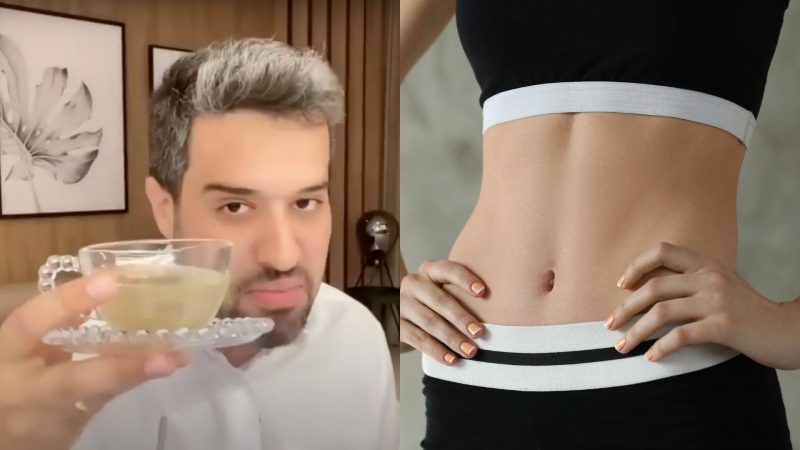 Imagem dividida em duas partes mostra dr. Renato Silveira com xícara de chá na mão ao lado de barriga feminina chapada 