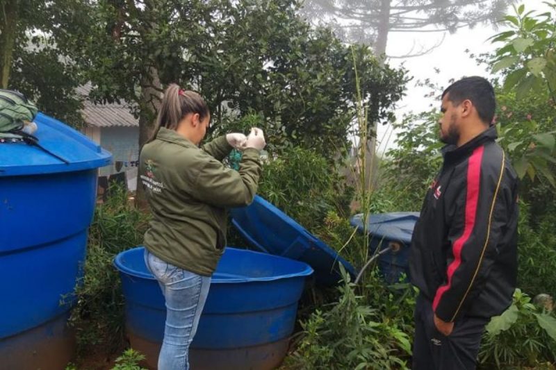 agente de saúde olhando caixas de água de um morador uma das ações de combate à dengue