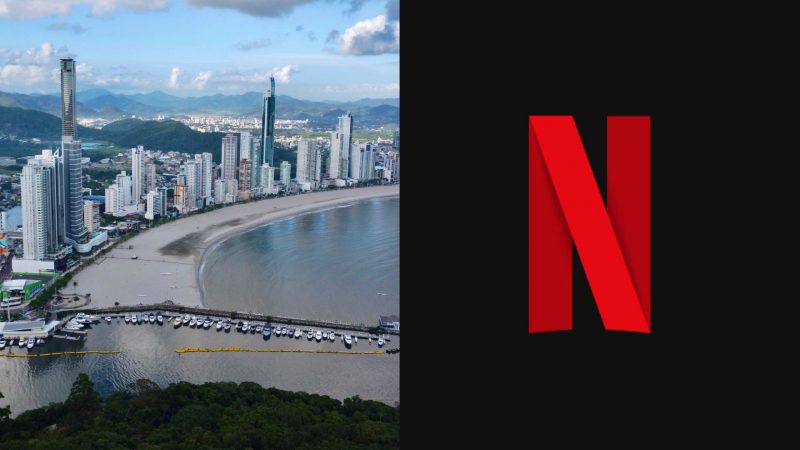 Imagem mostra Balneário Camboriú, cidade onde filme da Netflix será gravado, ao lado da logo do streaming