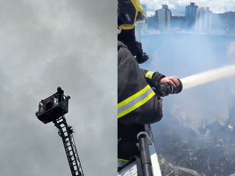 A imagem mostra o incêndio na loja Pittol em Brusque sendo contido.