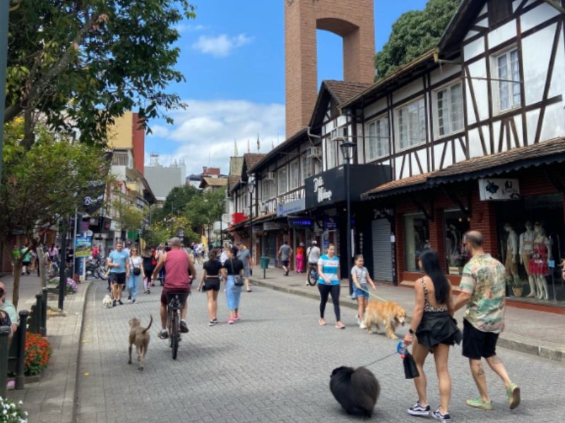 Rua XV de Novembro Imagem mostra rua XV de Novembro, em Blumenau, cheia de pessoas caminhando com seus cachorros. Na imagem é possível ver também parte de uma construção enxaimel