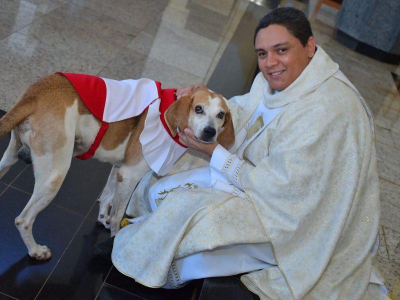 A imagem mostra o cão Jhonny e o padre.