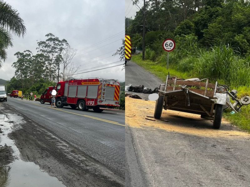 A imagem mostra uma carretinha solta e veículos do Corpo de Bombeiros.