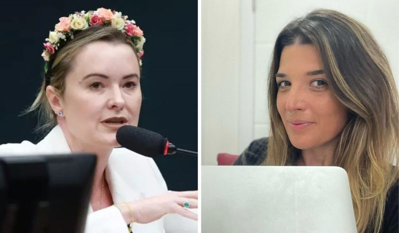 À esquerda da montagem, a deputada Júlia Zanatta fala ao microfone com uma coroa de flores da cabeça, e à direita, a jornalista Amanda Miranda olha para a foto e sorri