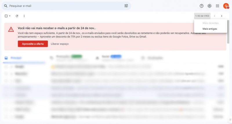 Passo a passo para exibir e-mails mais antigos no gmail