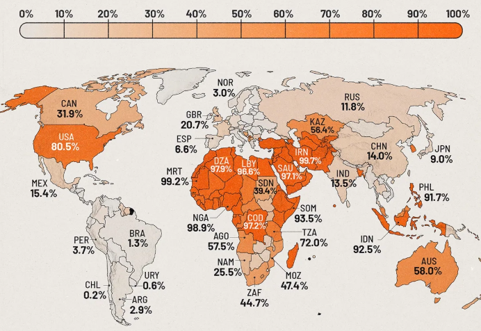 Mapa com as porcentagens de países com uma maior concentração de homens circuncidados