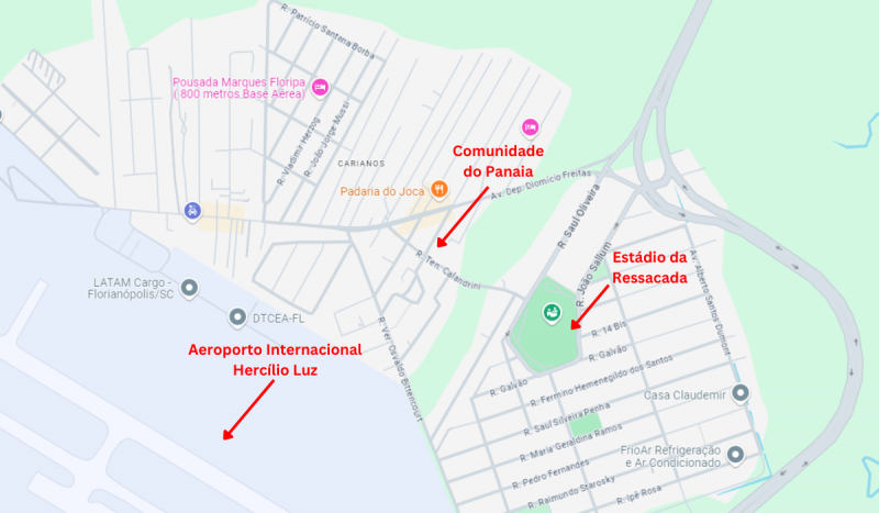 Comunidade do Panaia fica localizada entre o Aeroporto Hercílio Luz e o Estádio da Ressacada, no Sul da Ilha em Florianópolis - Foto: Google Maps/Reprodução/ND