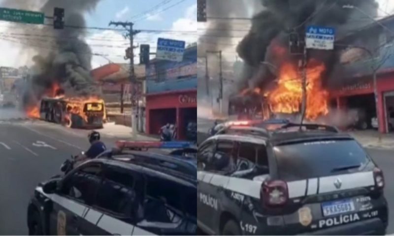 Ônibus desgovernado e em chamas na avenida