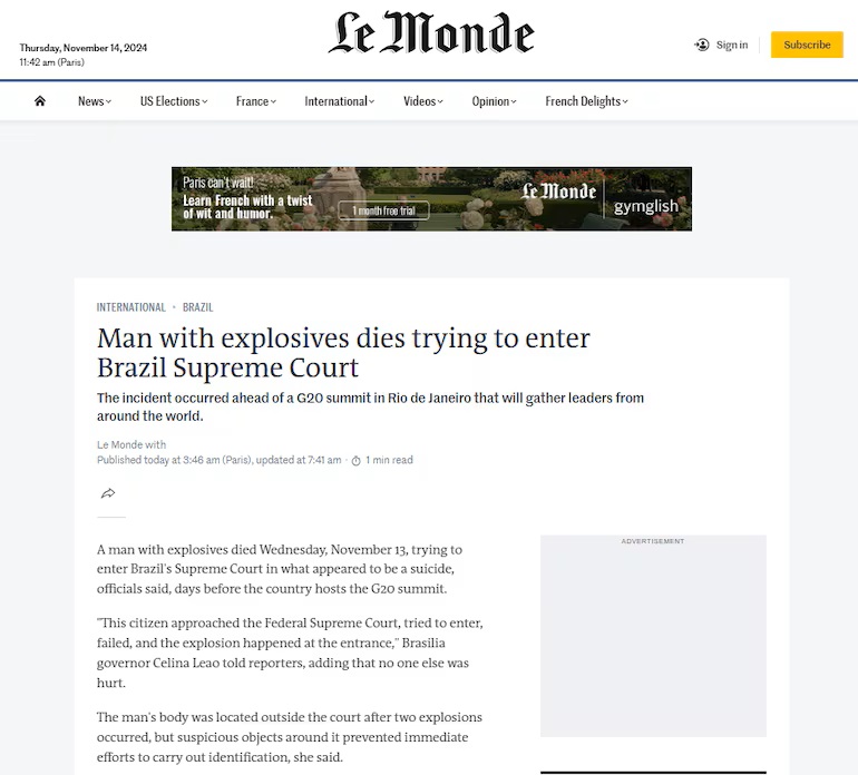 Jornal francês Le Monde diz que ataque “levanta temores de um ataque contra as instituições”