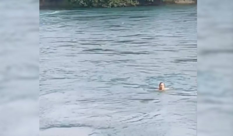 Dois integrantes da equipe de salva-vidas nadaram até a mulher e outros dois foram com um barco até o local para resgatá-la . Na imagem, a mulher no rio