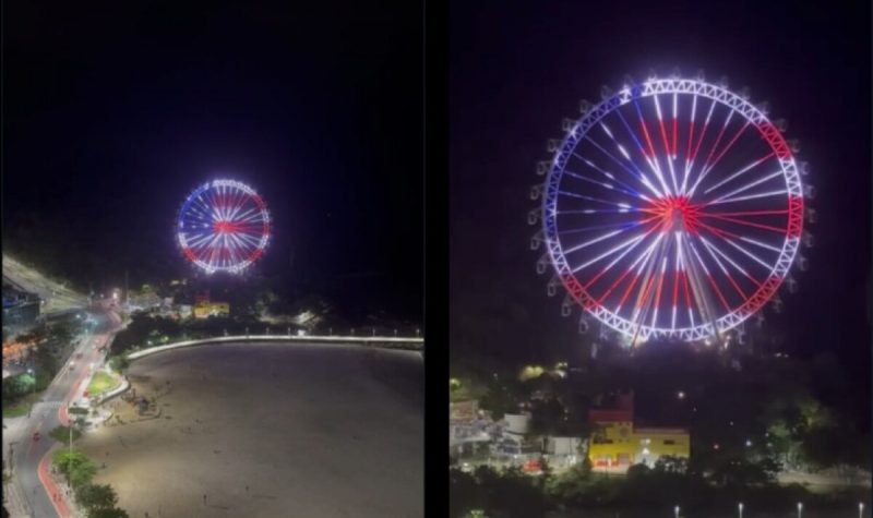 Roda-gigante de Balneário Camboriú com bandeira dos EUA