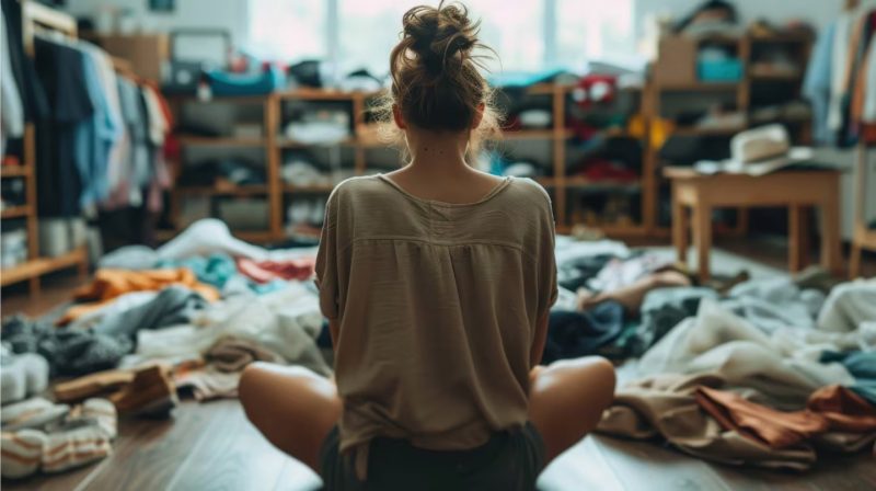 Mulher sentada no chão vendo roupa espalhada no quarto