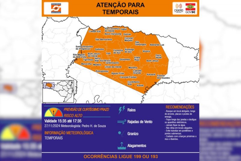 Risco de temporais nas próximas horas em SC