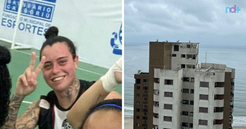 Fotomontagem mostra a atleta que sofreu queda em Balneário Camboriú e o topo de onde a atleta caiu de 70 m