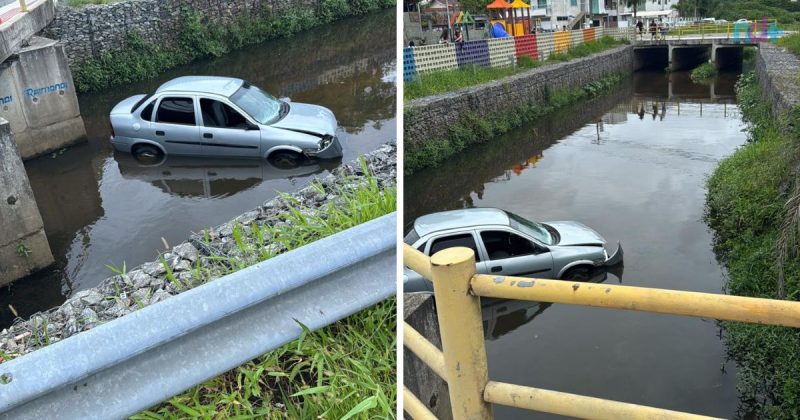 fotomontagem de carro que vai parar no rio de Balneário Camboriú