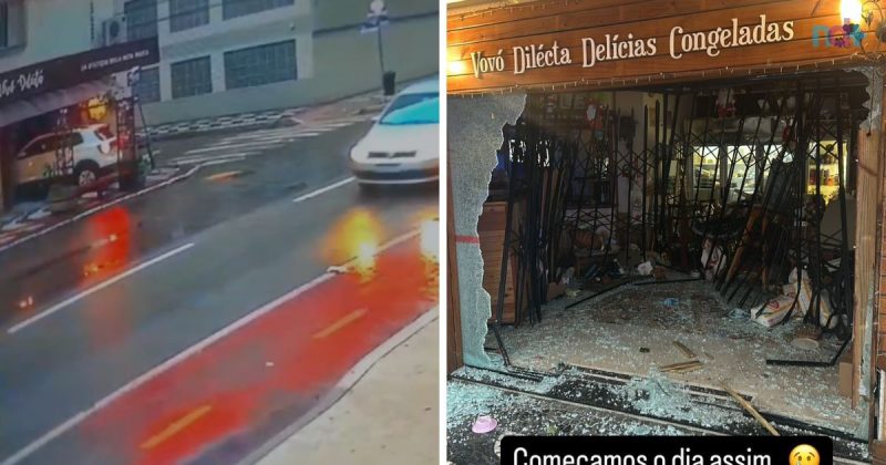 fotomontagem mostra frame de momento em que carro invade e destrói padaria em Balneário Camboriú