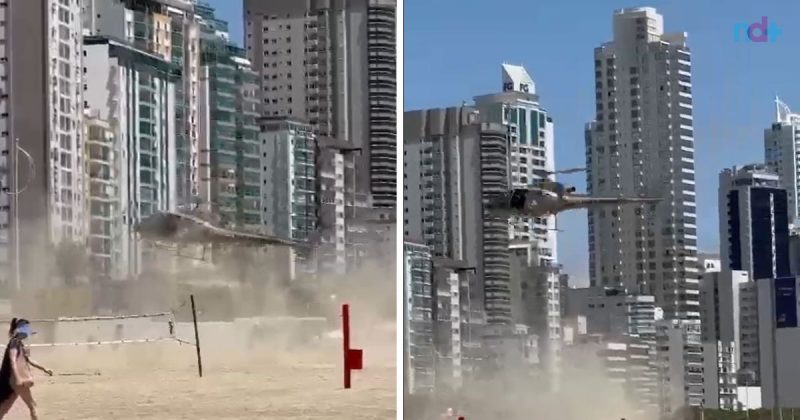 fotomontagem mostra helicóptero pousando na praia de Balneário Camboriú