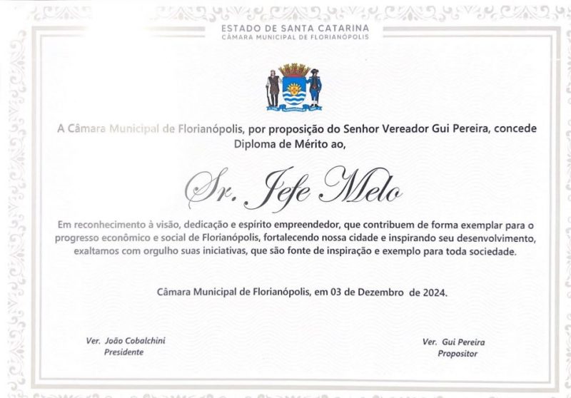 Diploma de Jefe Melo; n&atilde;o foi receber pois estava preso – Foto: Divulga&ccedil;&atilde;o/ND