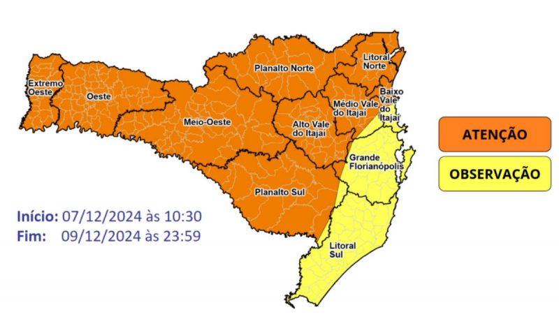 Mapa do estado com áreas em risco para fortes chuvas