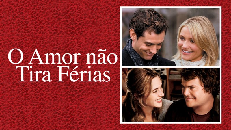 Cartaz do filme "O Amor não Tira Férias" com o título do filme em fundo vermelho e fotos de dois casais 