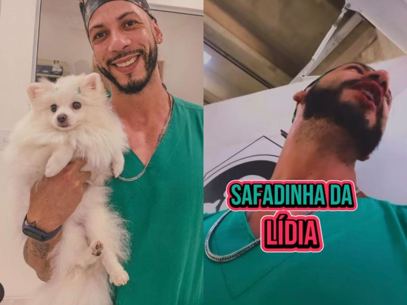 A imagem mostra o veterinário do vídeo que chama os pets de forma inusitada no consultório 