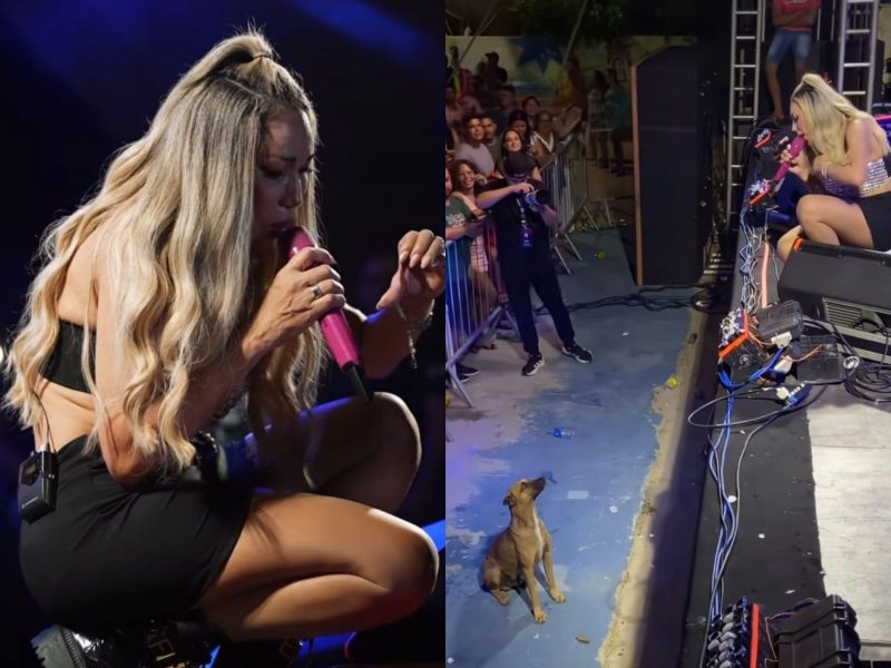 A imagem mostra a cantora Taty Girl e o cão.